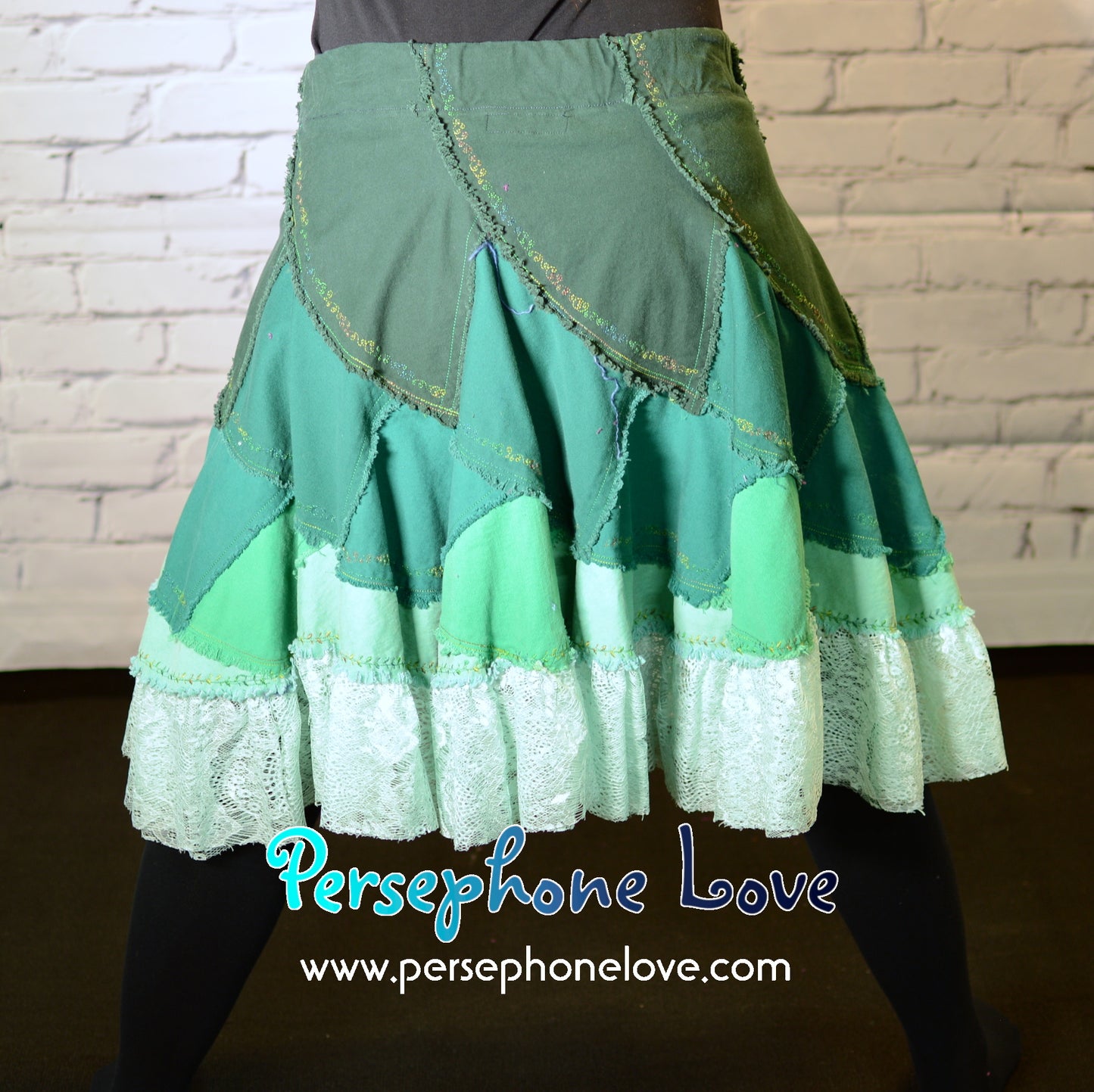 Green ombre patchwork denim upcycled twirly spiral festival skirt embroidery sequins-2002