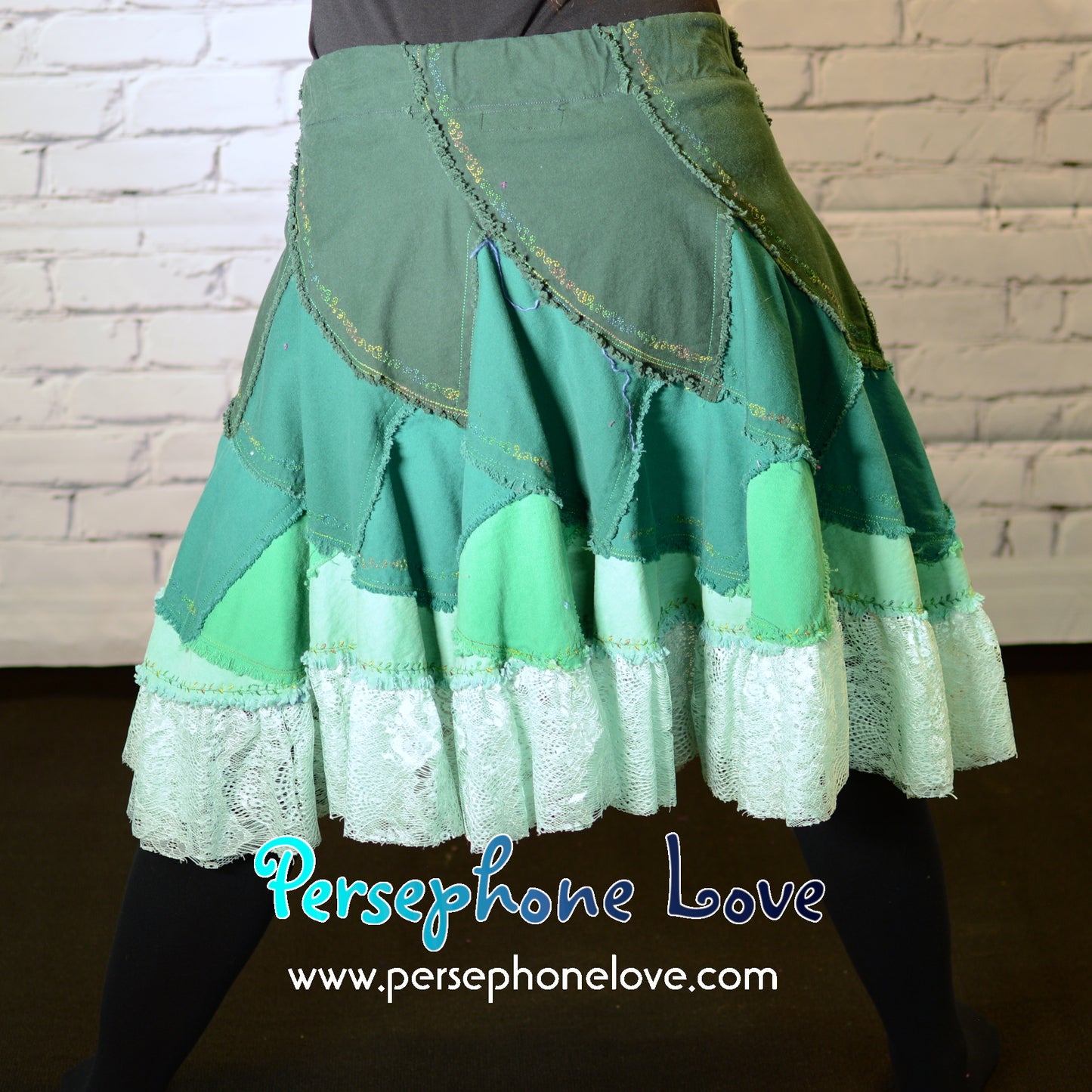 Green ombre patchwork denim upcycled twirly spiral festival skirt embroidery sequins-2002