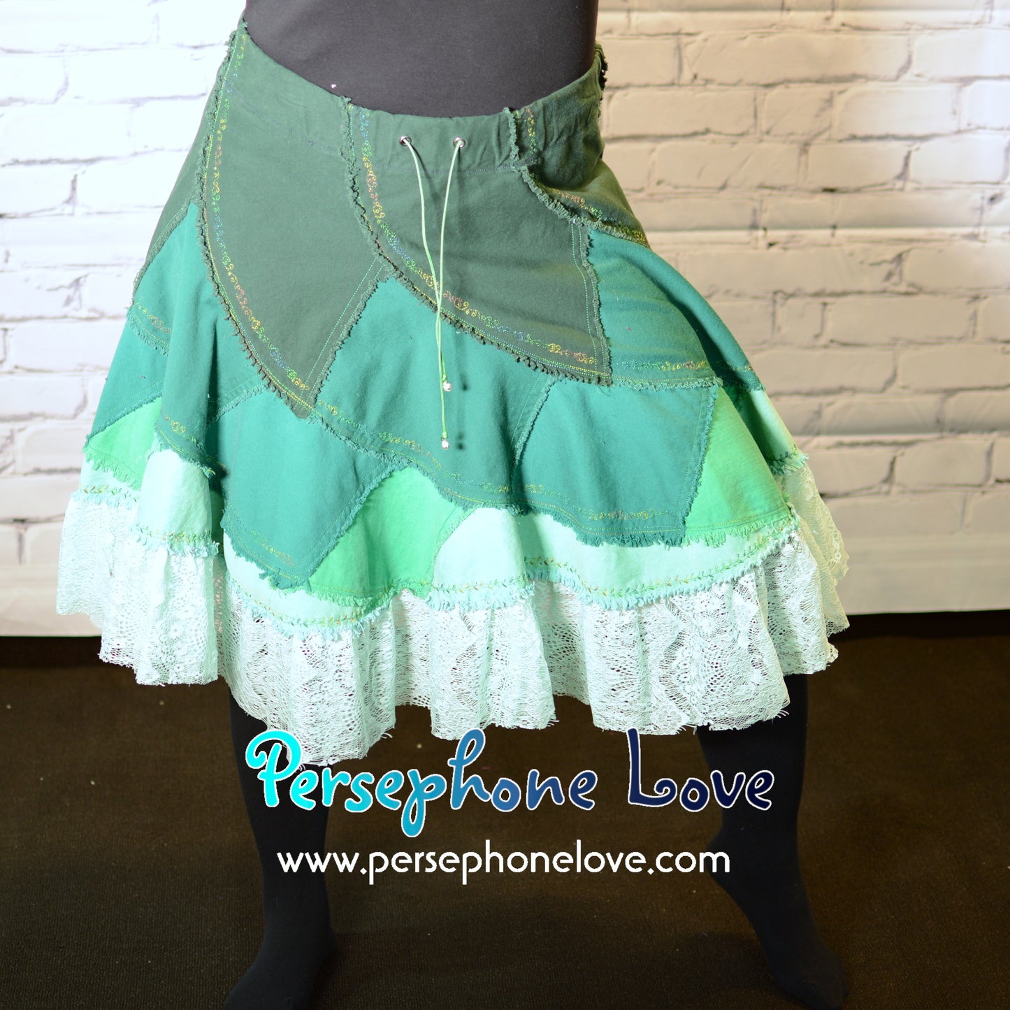 Green ombre patchwork denim upcycled twirly spiral festival skirt embroidery sequins-2002