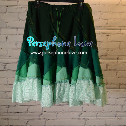 Green ombre patchwork denim upcycled twirly spiral festival skirt embroidery sequins-2002