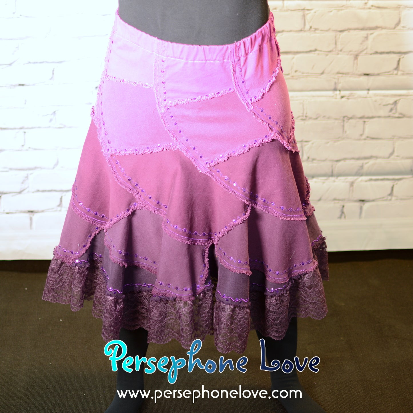 Pink Magenta ombre patchwork denim upcycled twirly spiral skirt with embroidery-2003