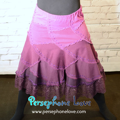 Pink Magenta ombre patchwork denim upcycled twirly spiral skirt with embroidery-2003