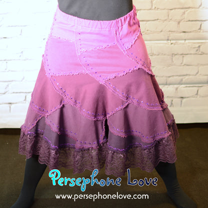 Pink Magenta ombre patchwork denim upcycled twirly spiral skirt with embroidery-2003