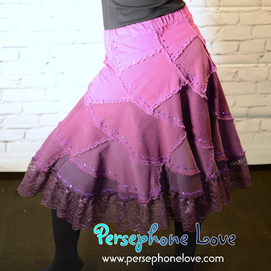 Pink Magenta ombre patchwork denim upcycled twirly spiral skirt with embroidery-2003