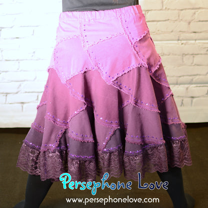 Pink Magenta ombre patchwork denim upcycled twirly spiral skirt with embroidery-2003