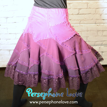 Pink Magenta ombre patchwork denim upcycled twirly spiral skirt with embroidery-2003