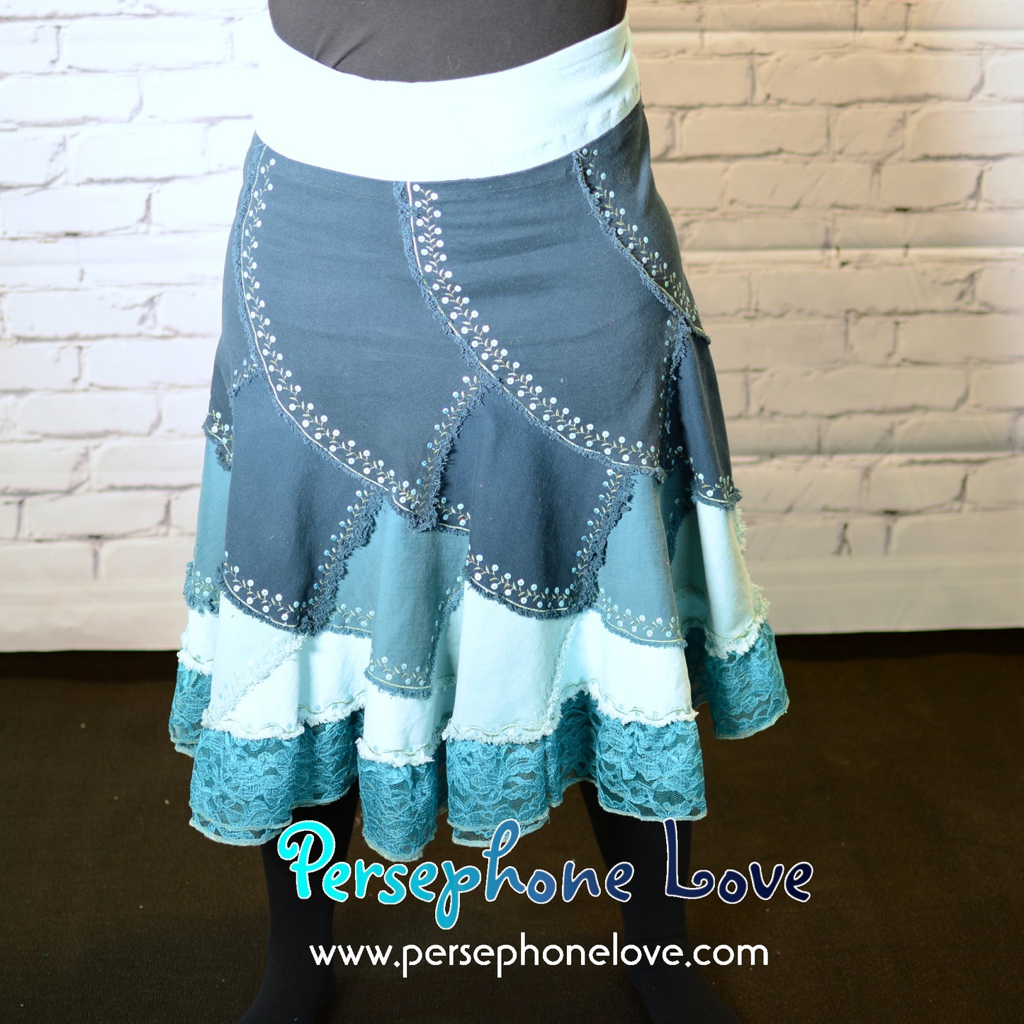 Turquoise ombre patchwork denim upcycled twirly spiral festival skirt embroidery sequins-2004