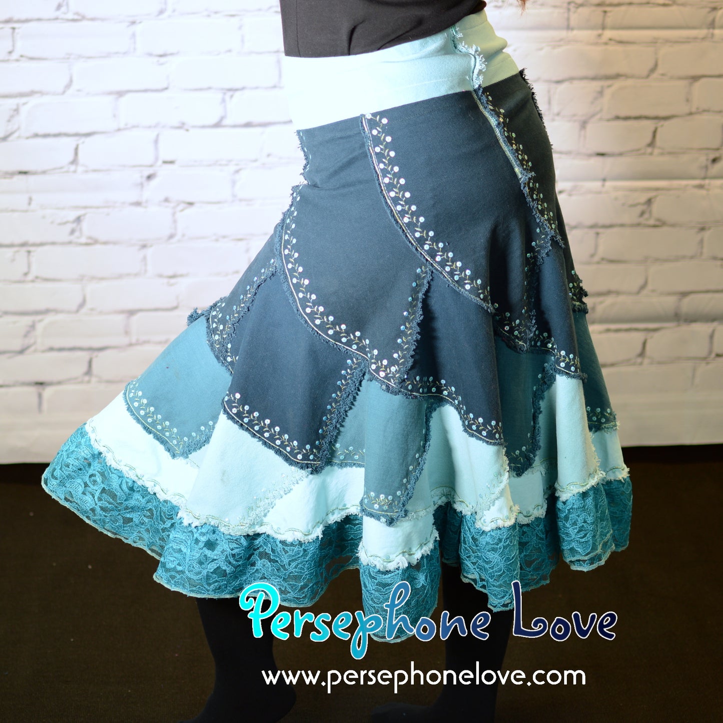 Turquoise ombre patchwork denim upcycled twirly spiral festival skirt embroidery sequins-2004