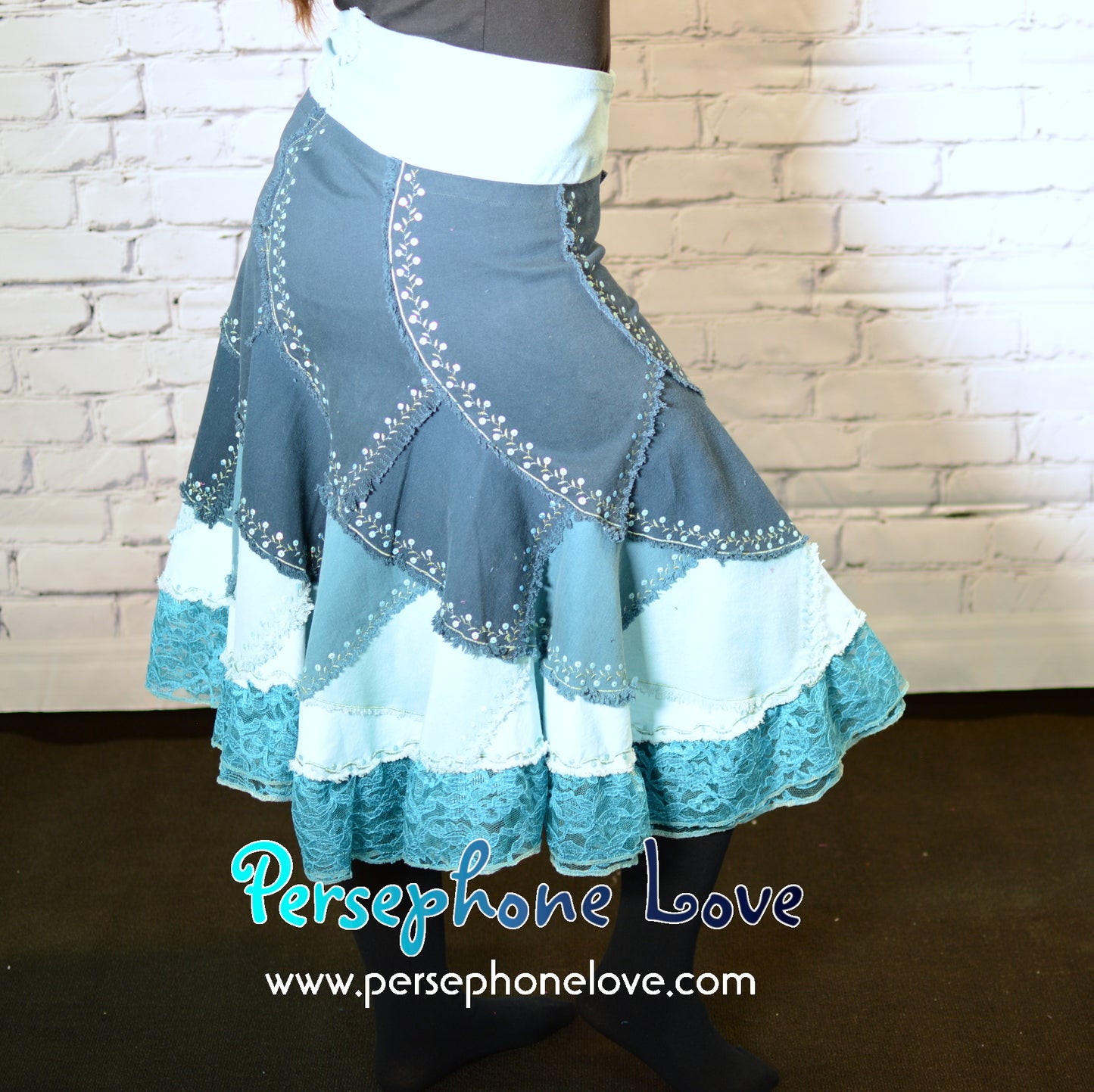 Turquoise ombre patchwork denim upcycled twirly spiral festival skirt embroidery sequins-2004