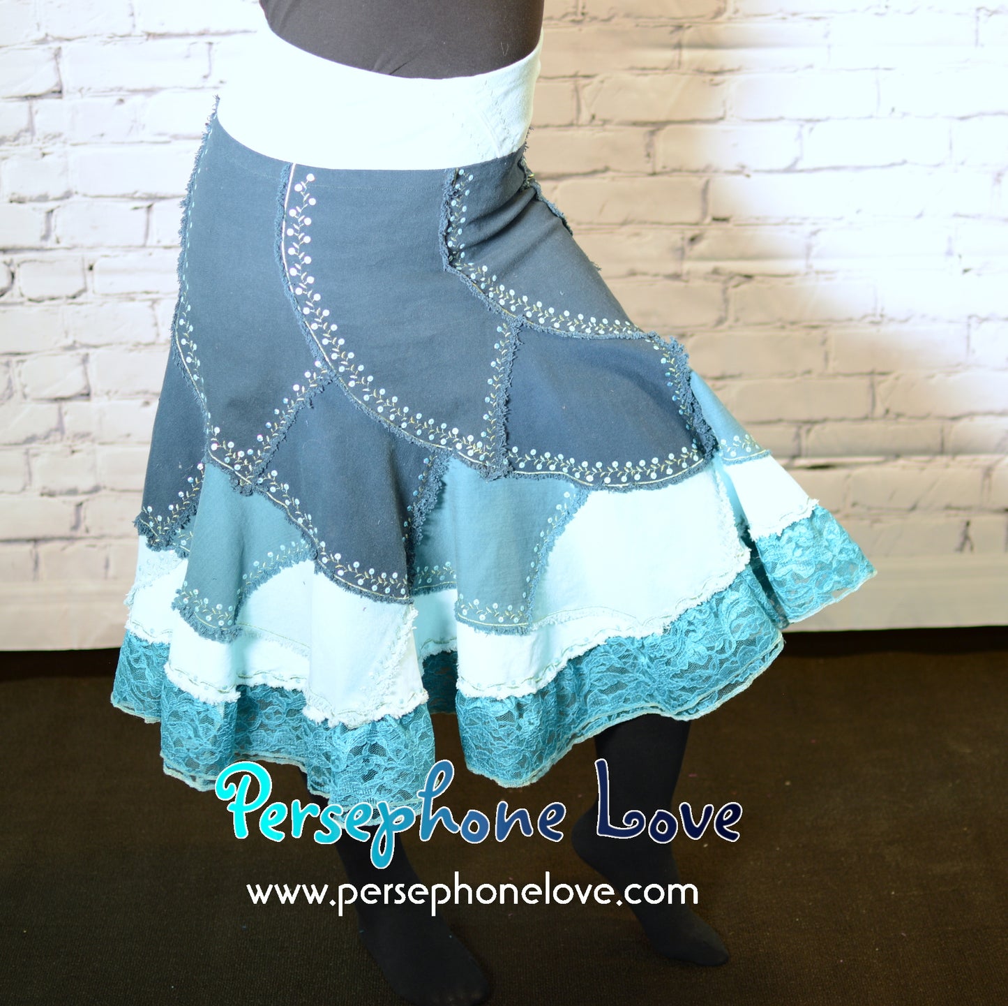 Turquoise ombre patchwork denim upcycled twirly spiral festival skirt embroidery sequins-2004