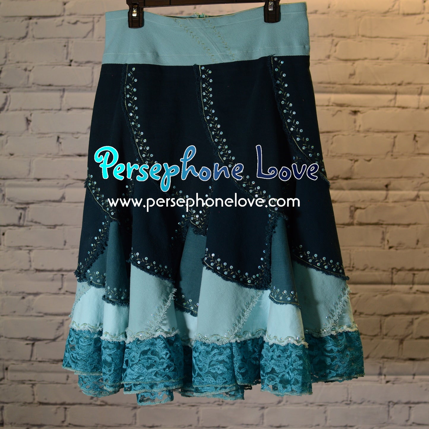 Turquoise ombre patchwork denim upcycled twirly spiral festival skirt embroidery sequins-2004