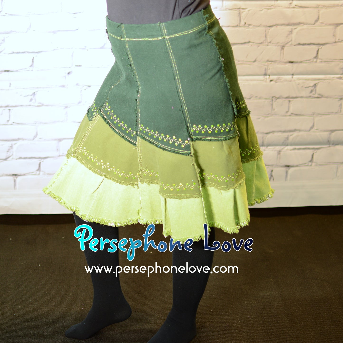 Green ombre patchwork denim upcycled festival skirt embroidery sequins-2005