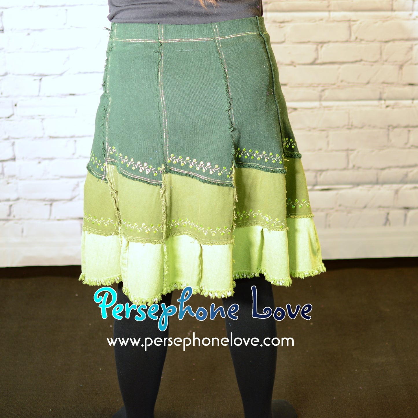 Green ombre patchwork denim upcycled festival skirt embroidery sequins-2005