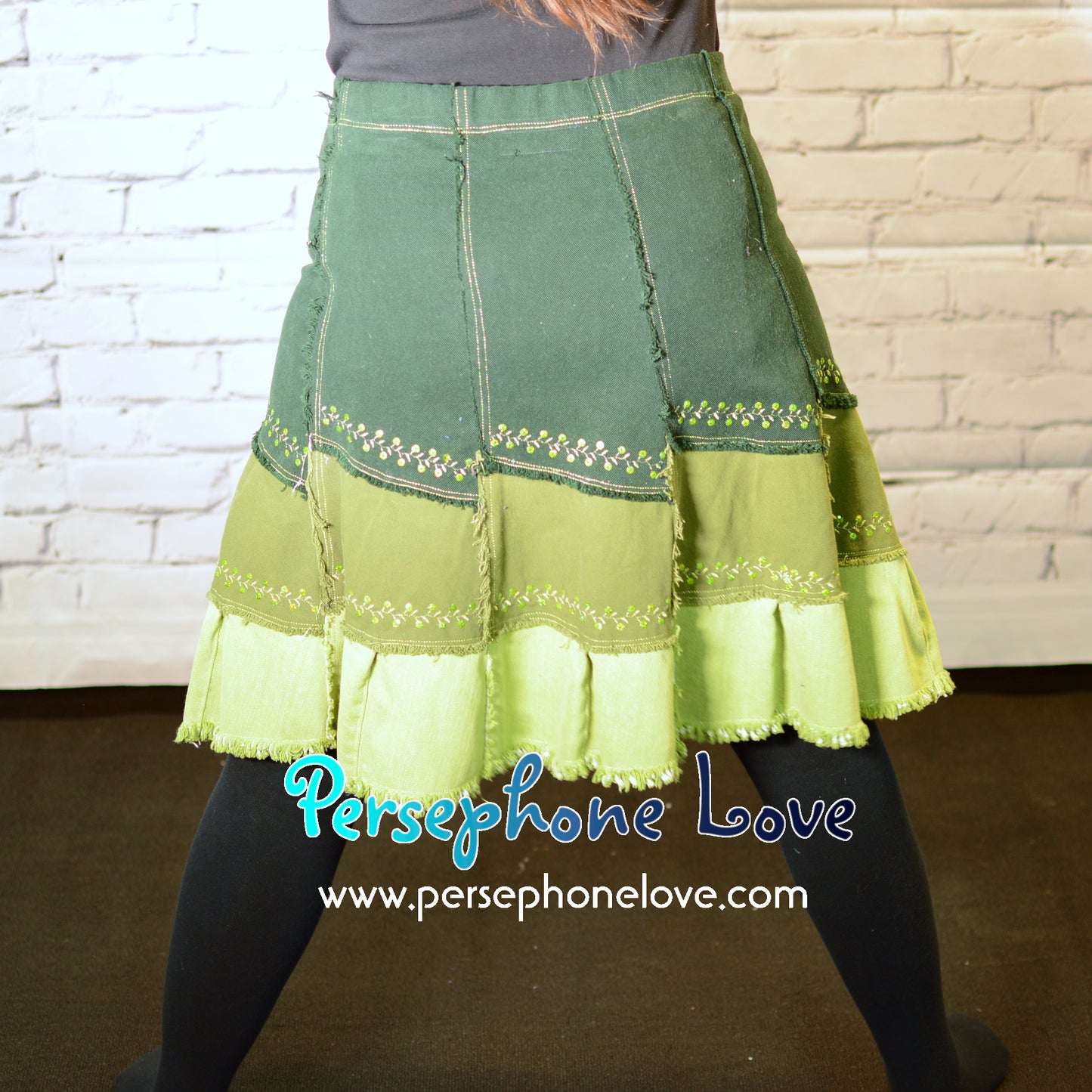 Green ombre patchwork denim upcycled festival skirt embroidery sequins-2005