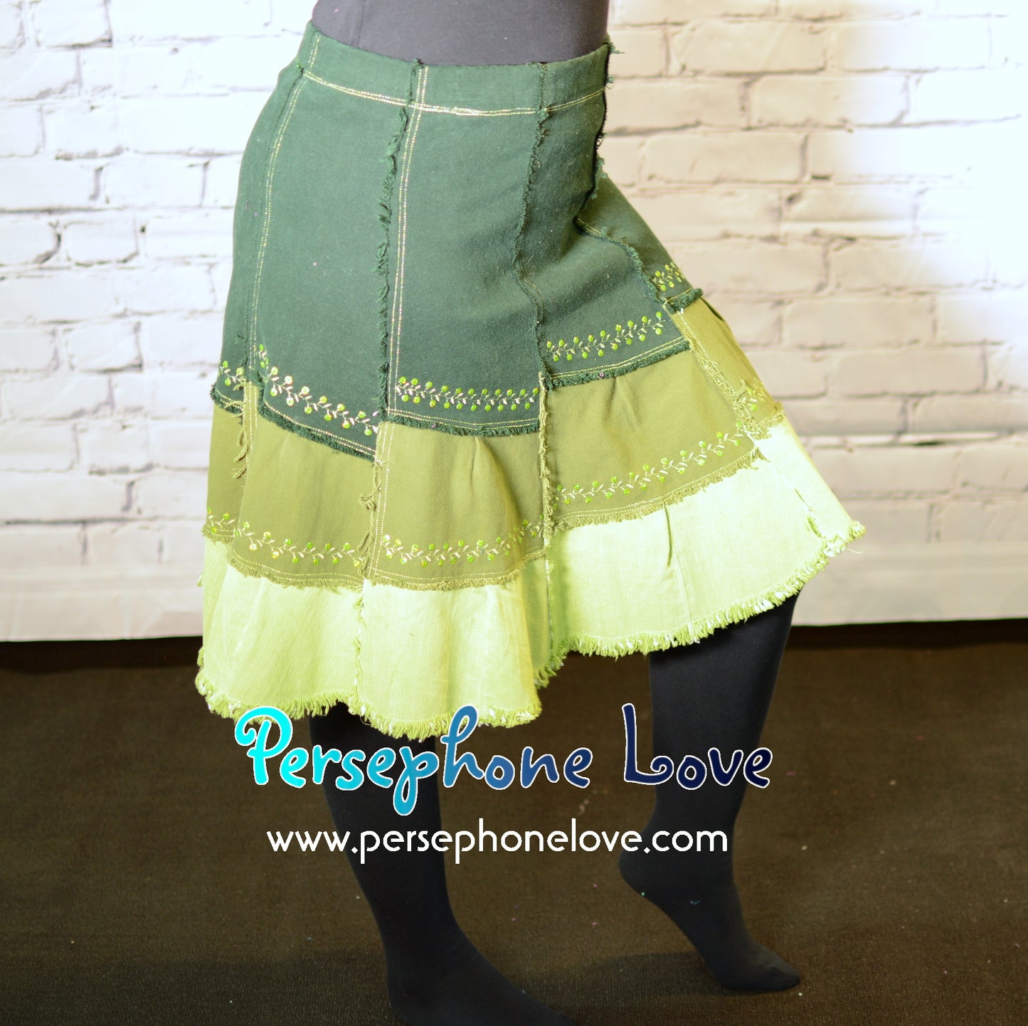 Green ombre patchwork denim upcycled festival skirt embroidery sequins-2005