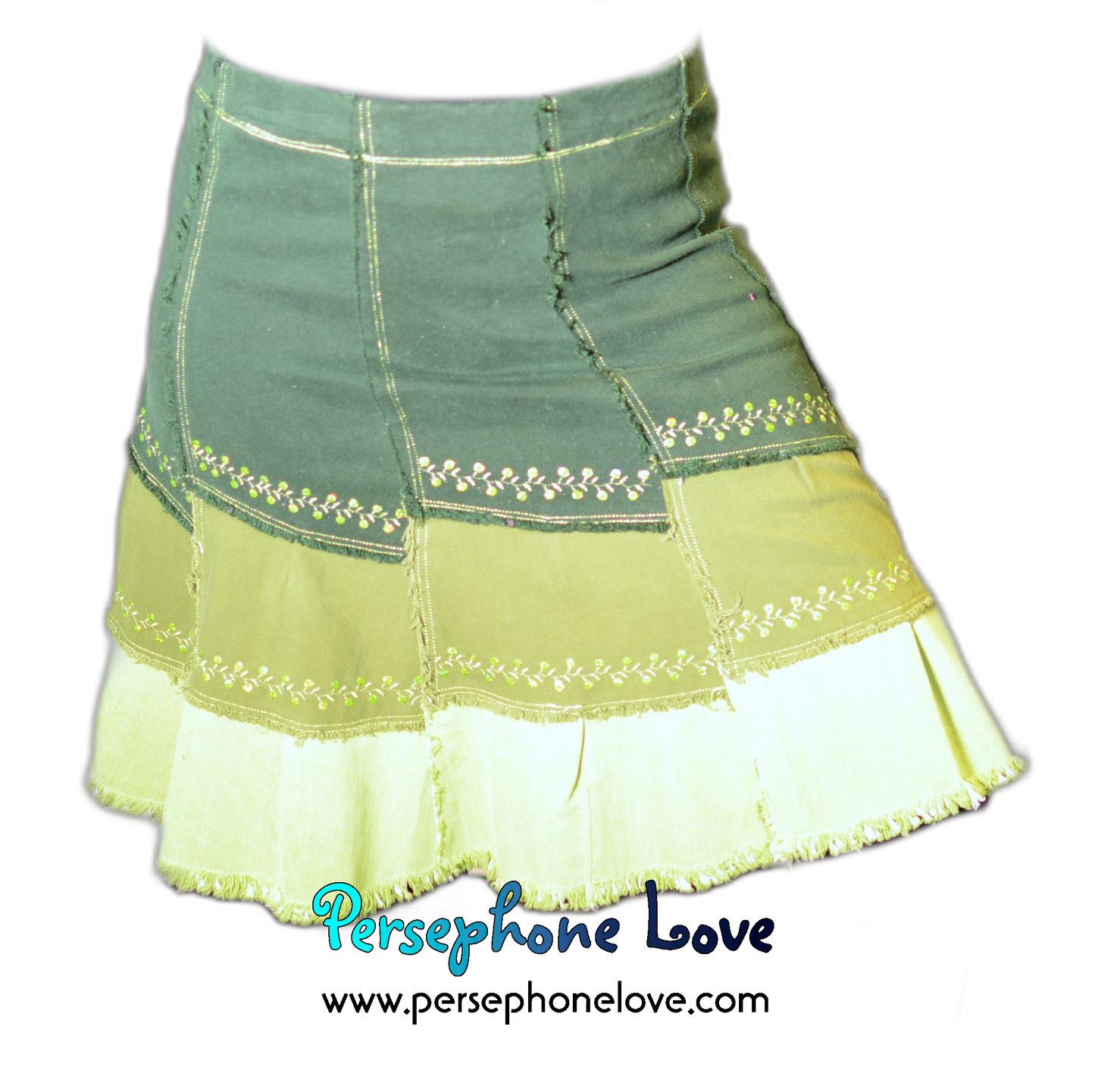 Green ombre patchwork denim upcycled festival skirt embroidery sequins-2005