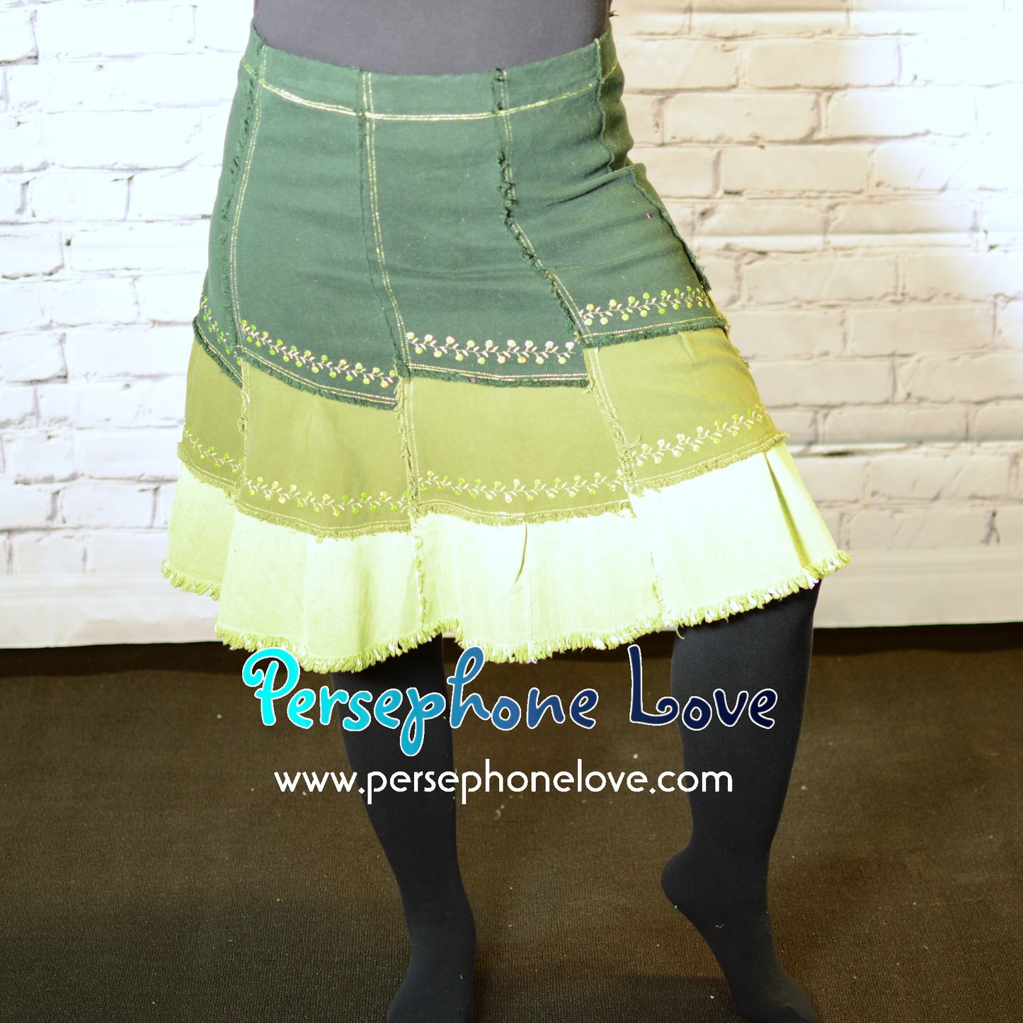 Green ombre patchwork denim upcycled festival skirt embroidery sequins-2005