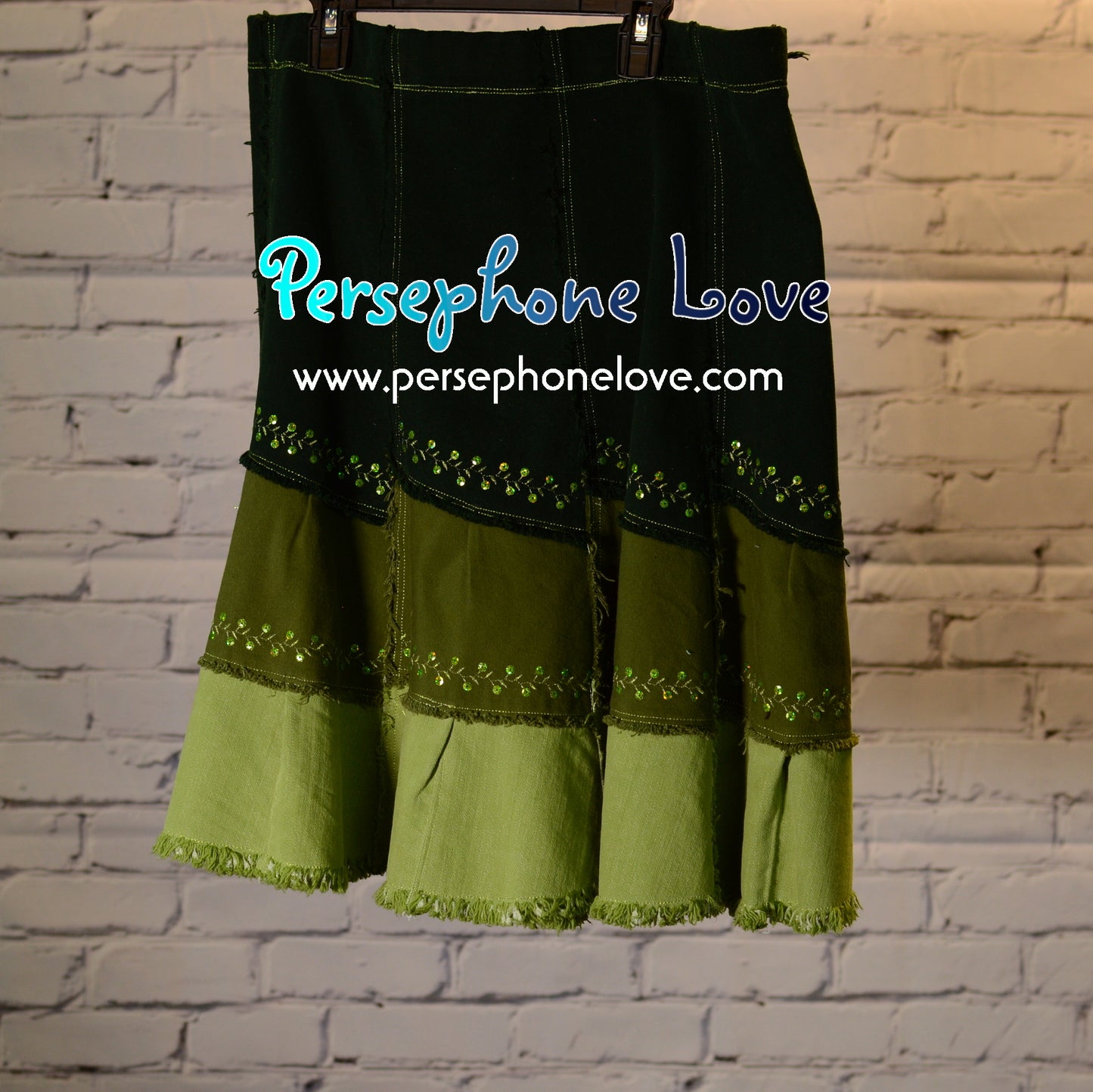 Green ombre patchwork denim upcycled festival skirt embroidery sequins-2005