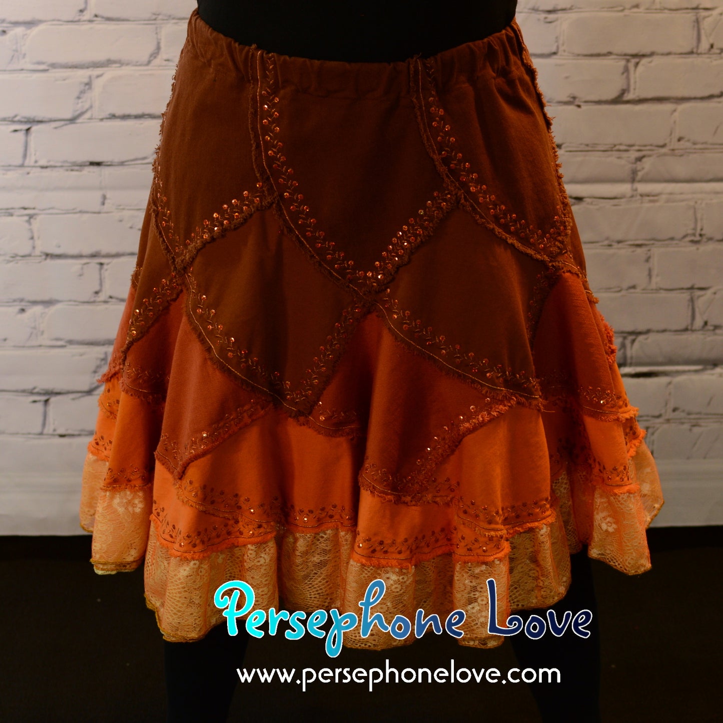 Brown orange ombre patchwork denim upcycled twirly spiral festival skirt embroidery sequins-2006