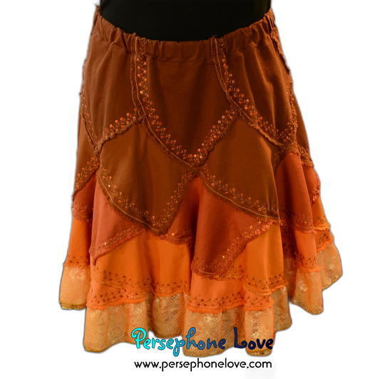 Brown orange ombre patchwork denim upcycled twirly spiral festival skirt embroidery sequins-2006