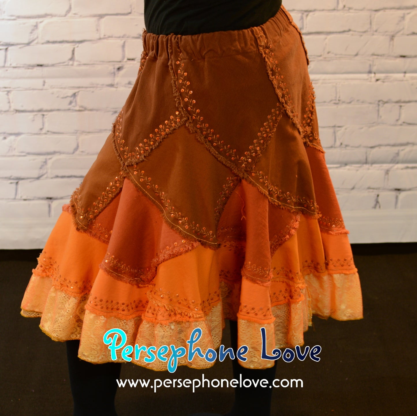 Brown orange ombre patchwork denim upcycled twirly spiral festival skirt embroidery sequins-2006