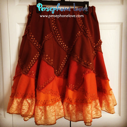 Brown orange ombre patchwork denim upcycled twirly spiral festival skirt embroidery sequins-2006