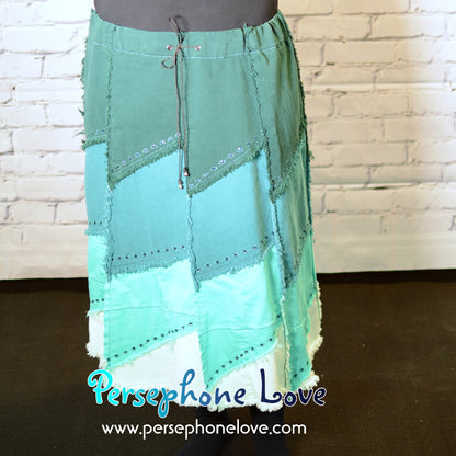 Teal ombre patchwork denim upcycled festival skirt embroidery sequins-2007