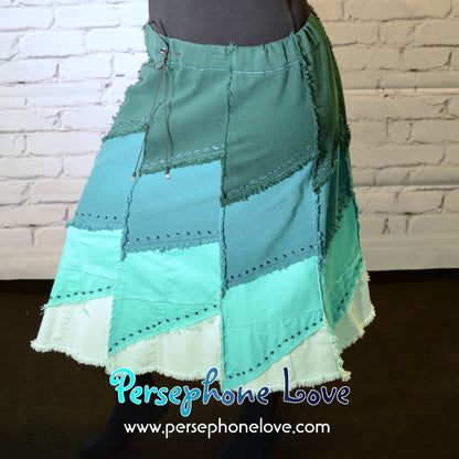 Teal ombre patchwork denim upcycled festival skirt embroidery sequins-2007