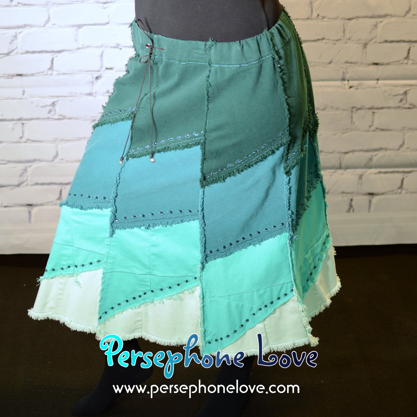 Teal ombre patchwork denim upcycled festival skirt embroidery sequins-2007