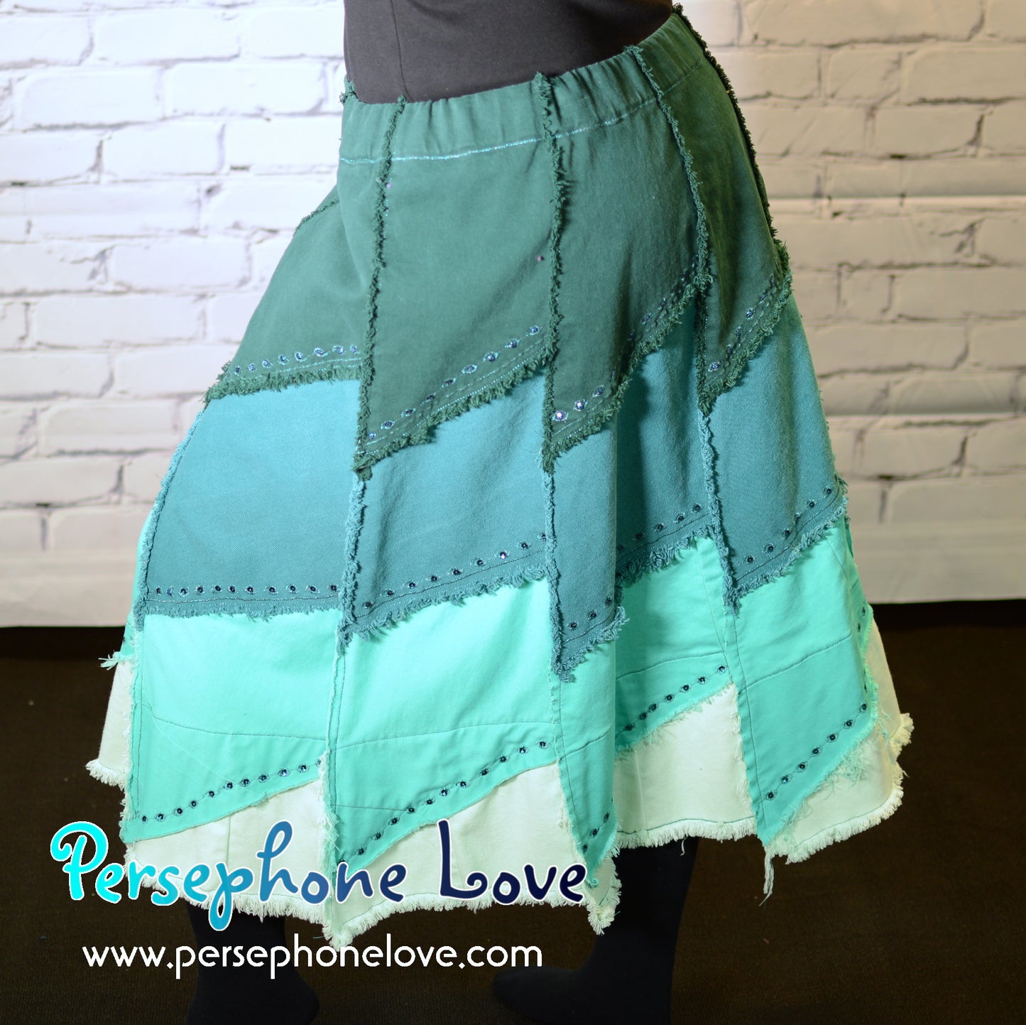 Teal ombre patchwork denim upcycled festival skirt embroidery sequins-2007