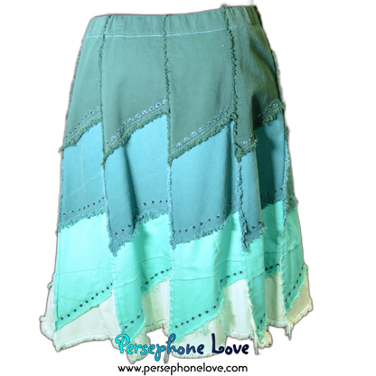 Teal ombre patchwork denim upcycled festival skirt embroidery sequins-2007