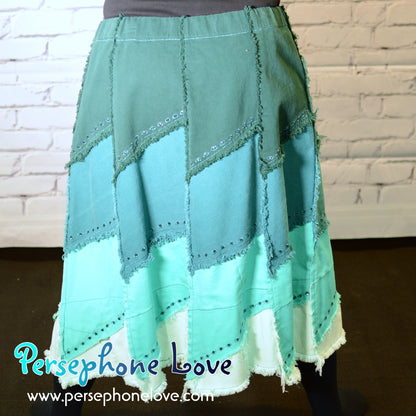 Teal ombre patchwork denim upcycled festival skirt embroidery sequins-2007