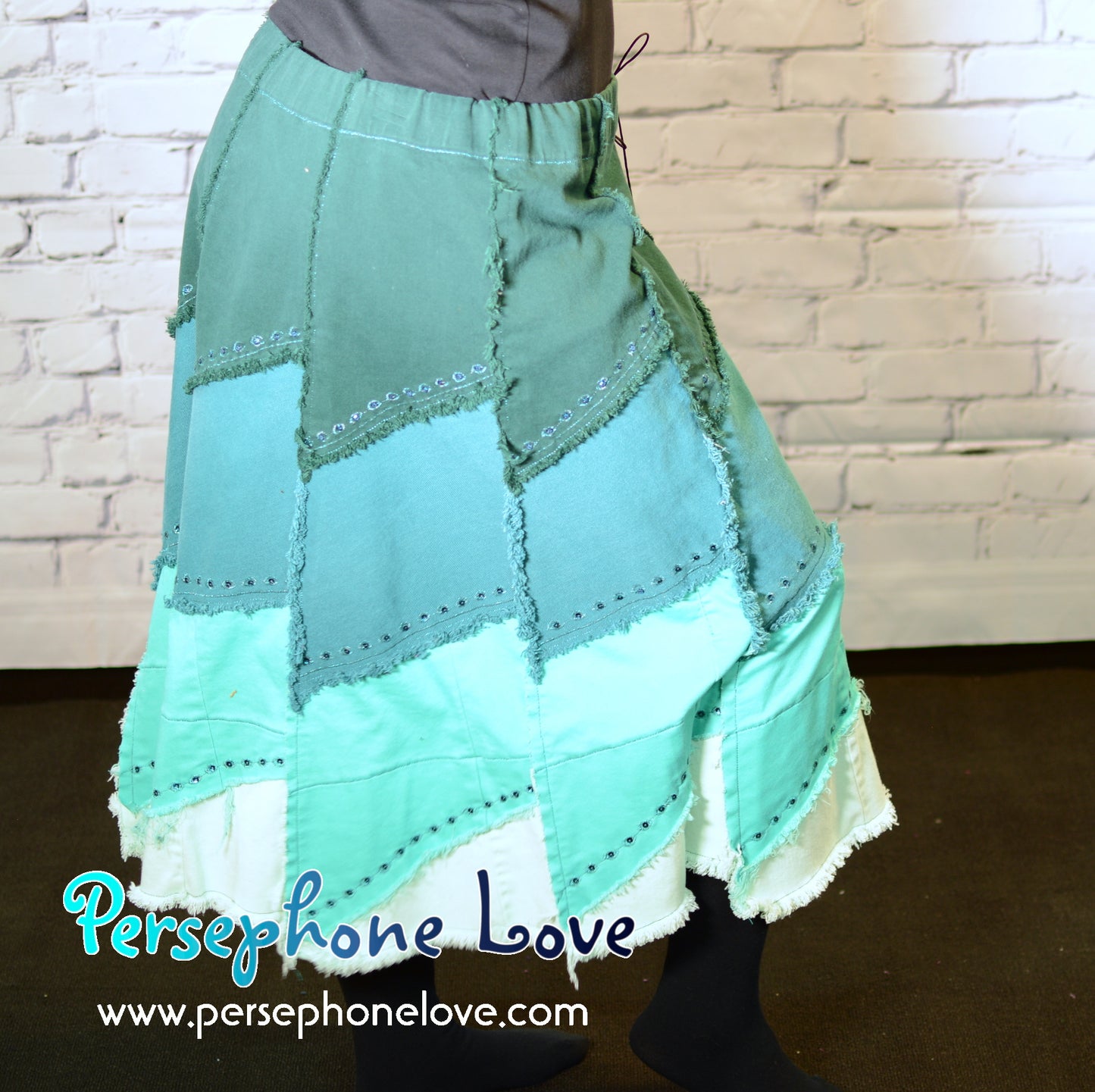 Teal ombre patchwork denim upcycled festival skirt embroidery sequins-2007