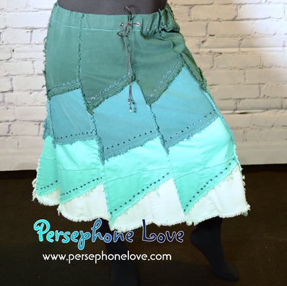 Teal ombre patchwork denim upcycled festival skirt embroidery sequins-2007