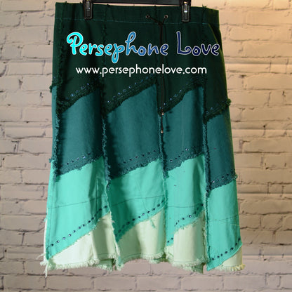 Teal ombre patchwork denim upcycled festival skirt embroidery sequins-2007