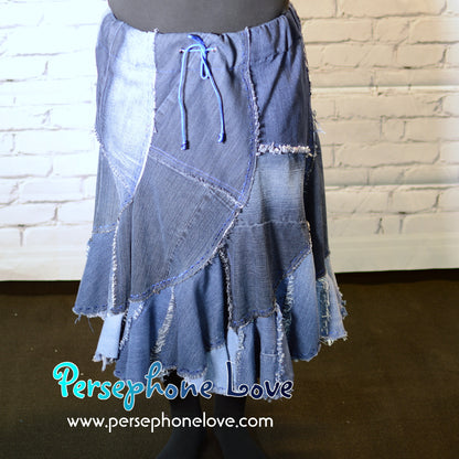 Blue patchwork denim upcycled twirly spiral festival skirt embroidery sequins-2008