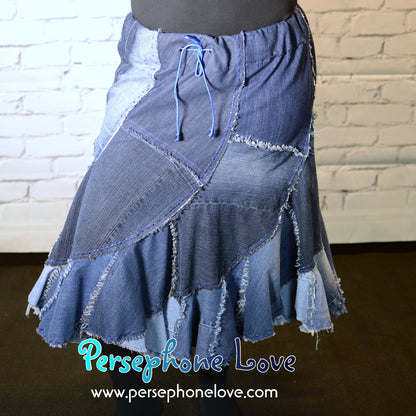 Blue patchwork denim upcycled twirly spiral festival skirt embroidery sequins-2008