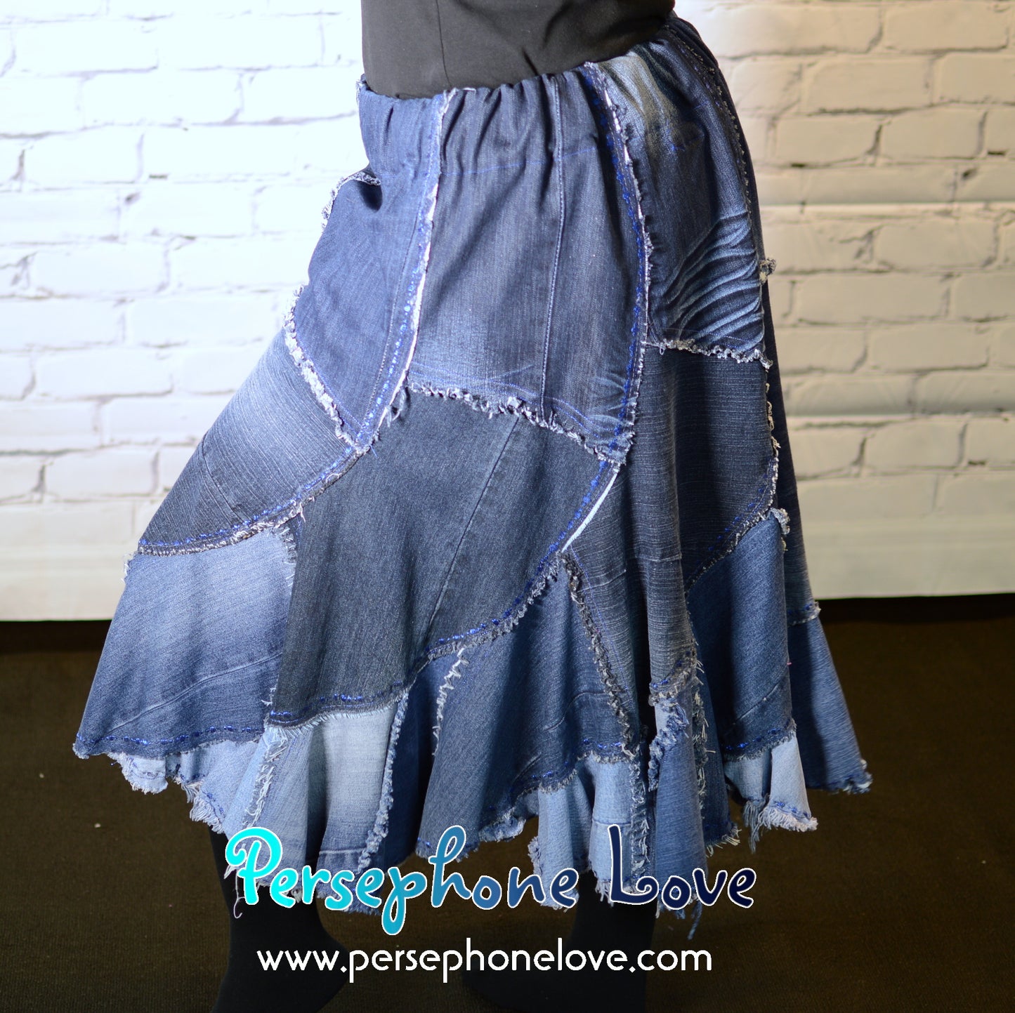 Blue patchwork denim upcycled twirly spiral festival skirt embroidery sequins-2008