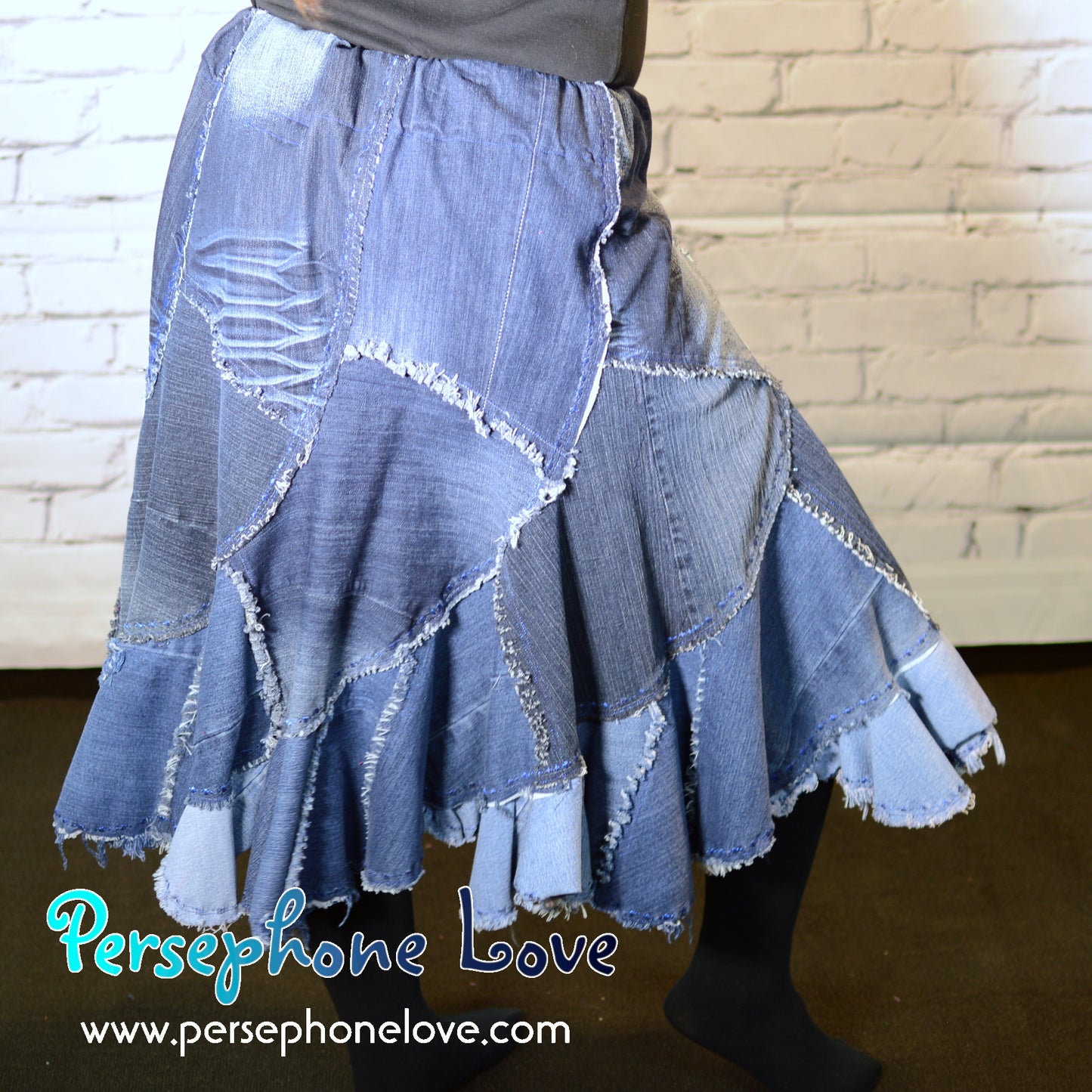 Blue patchwork denim upcycled twirly spiral festival skirt embroidery sequins-2008