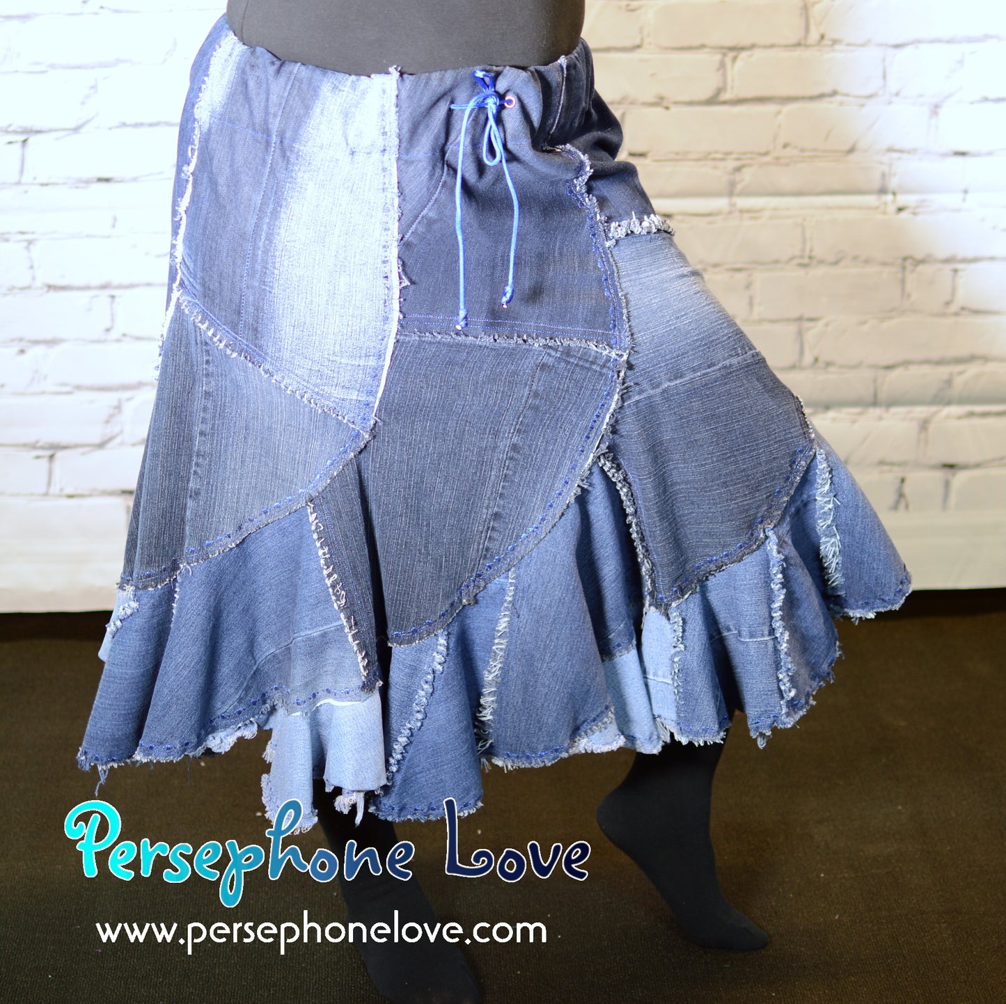 Blue patchwork denim upcycled twirly spiral festival skirt embroidery sequins-2008