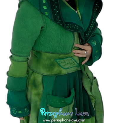 "Zelda" Green elf needle-felted wool/cashmere Katwise-inspired patchwork sweatercoat-2518