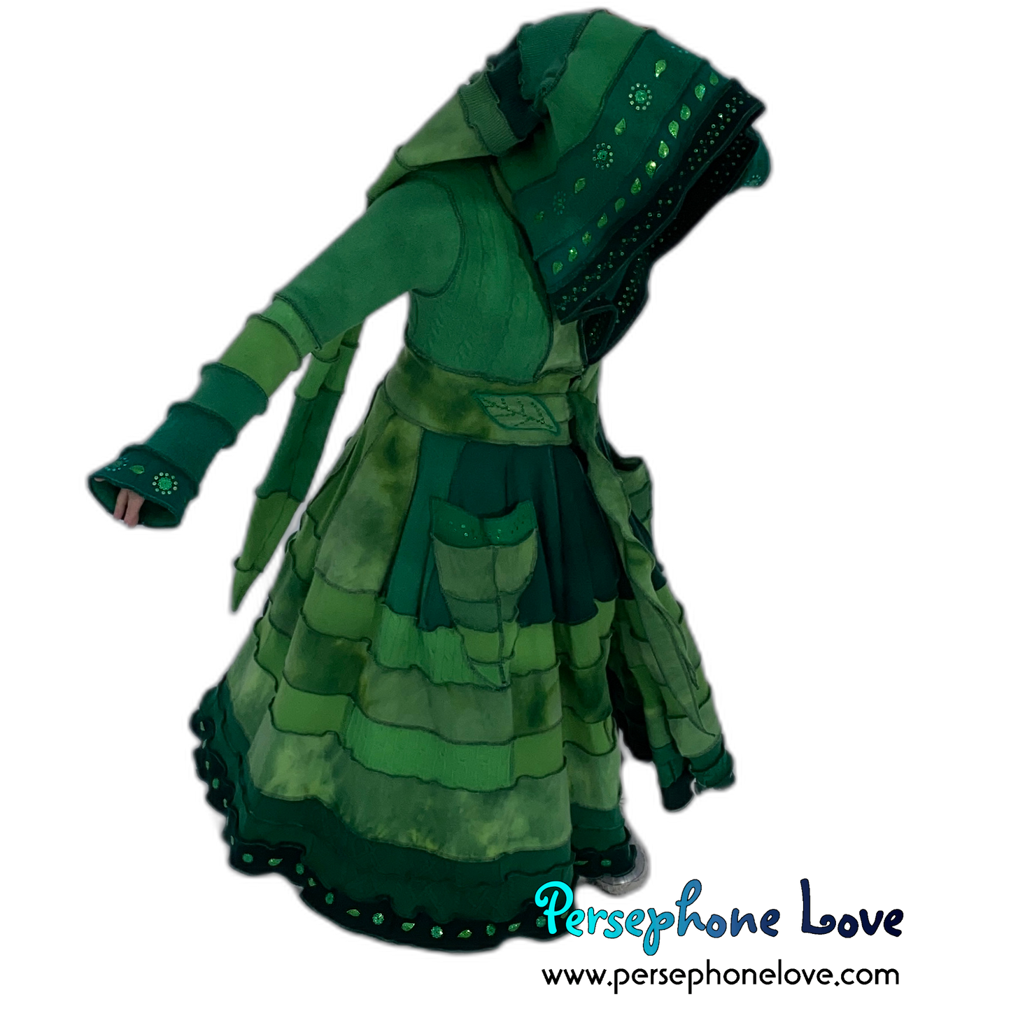 "Zelda" Green elf needle-felted wool/cashmere Katwise-inspired patchwork sweatercoat-2518
