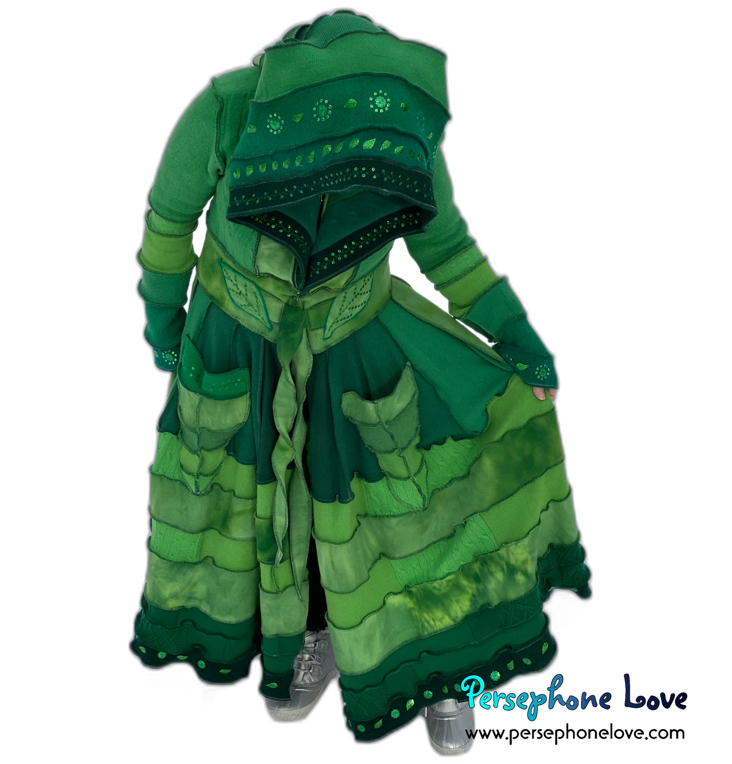 "Zelda" Green elf needle-felted wool/cashmere Katwise-inspired patchwork sweatercoat-2518