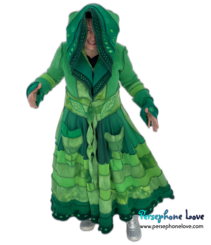 "Zelda" Green elf needle-felted wool/cashmere Katwise-inspired patchwork sweatercoat-2518