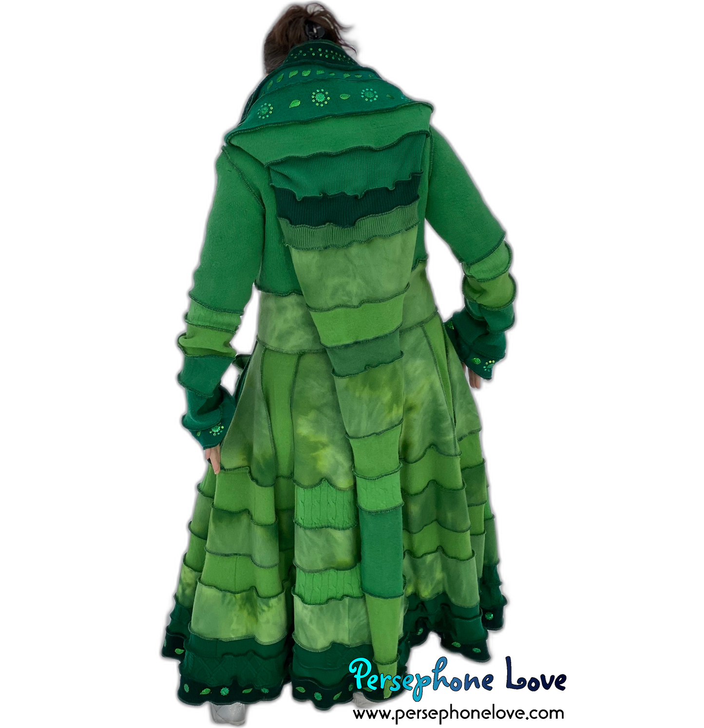 "Zelda" Green elf needle-felted wool/cashmere Katwise-inspired patchwork sweatercoat-2518
