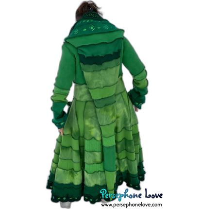 "Zelda" Green elf needle-felted wool/cashmere Katwise-inspired patchwork sweatercoat-2518