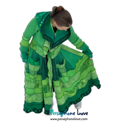 "Zelda" Green elf needle-felted wool/cashmere Katwise-inspired patchwork sweatercoat-2518