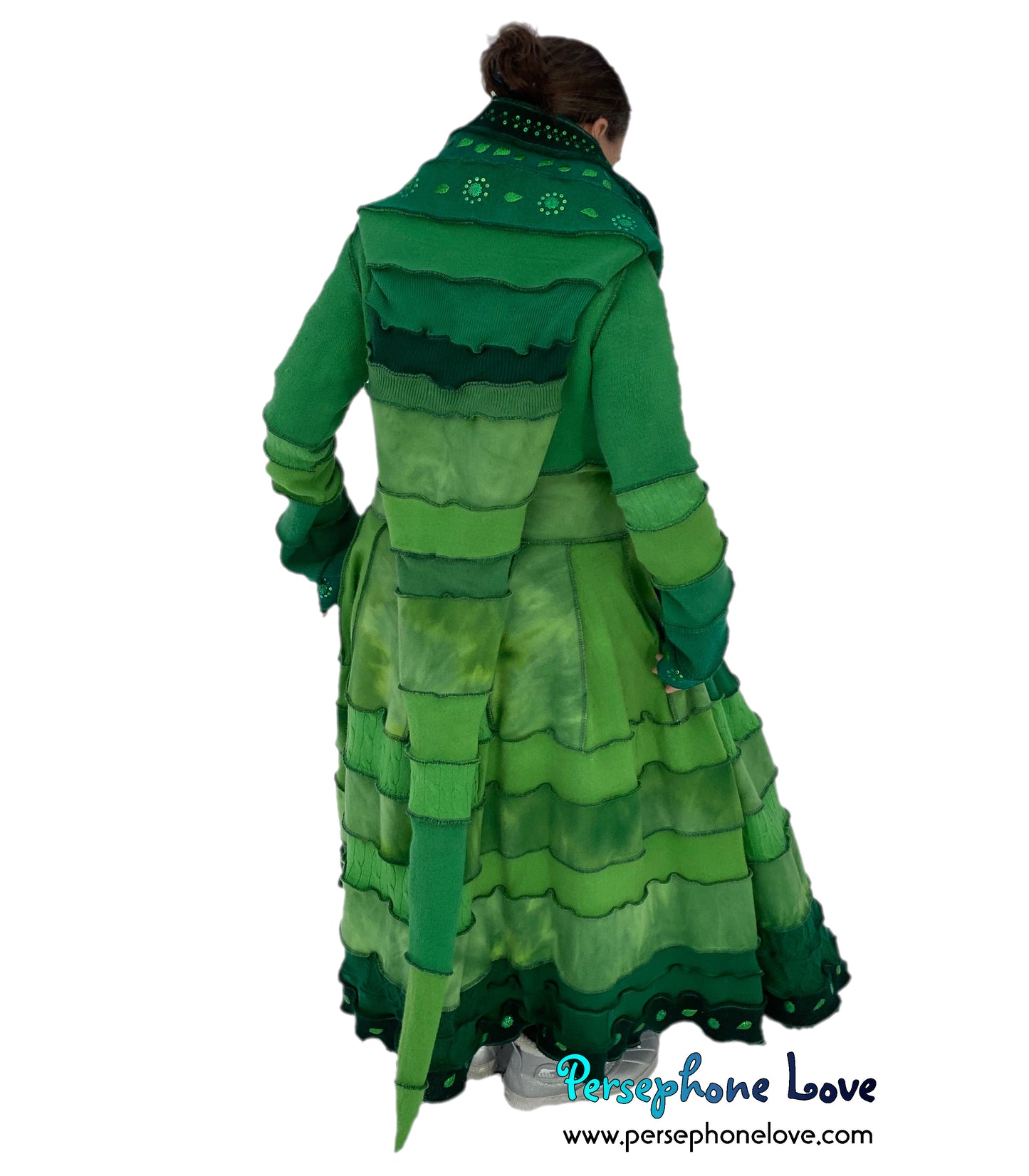 "Zelda" Green elf needle-felted wool/cashmere Katwise-inspired patchwork sweatercoat-2518