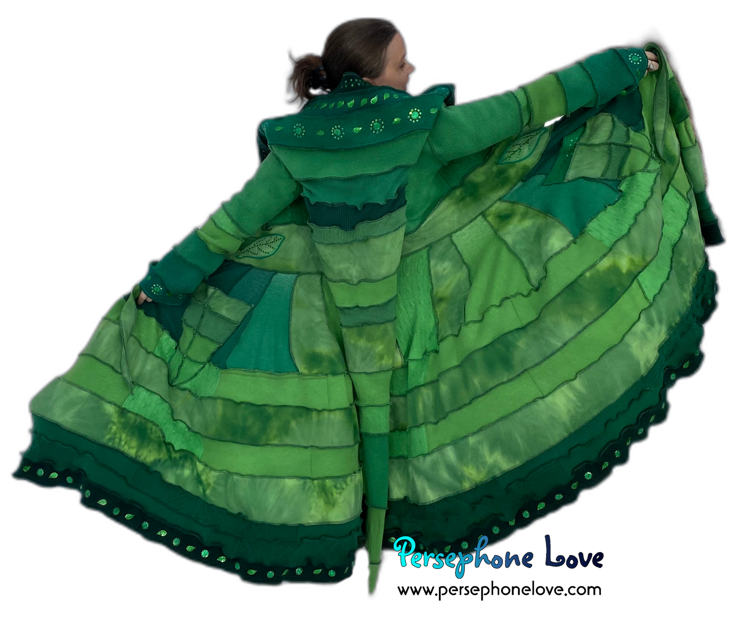 "Zelda" Green elf needle-felted wool/cashmere Katwise-inspired patchwork sweatercoat-2518