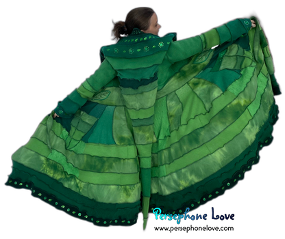 "Zelda" Green elf needle-felted wool/cashmere Katwise-inspired patchwork sweatercoat-2518